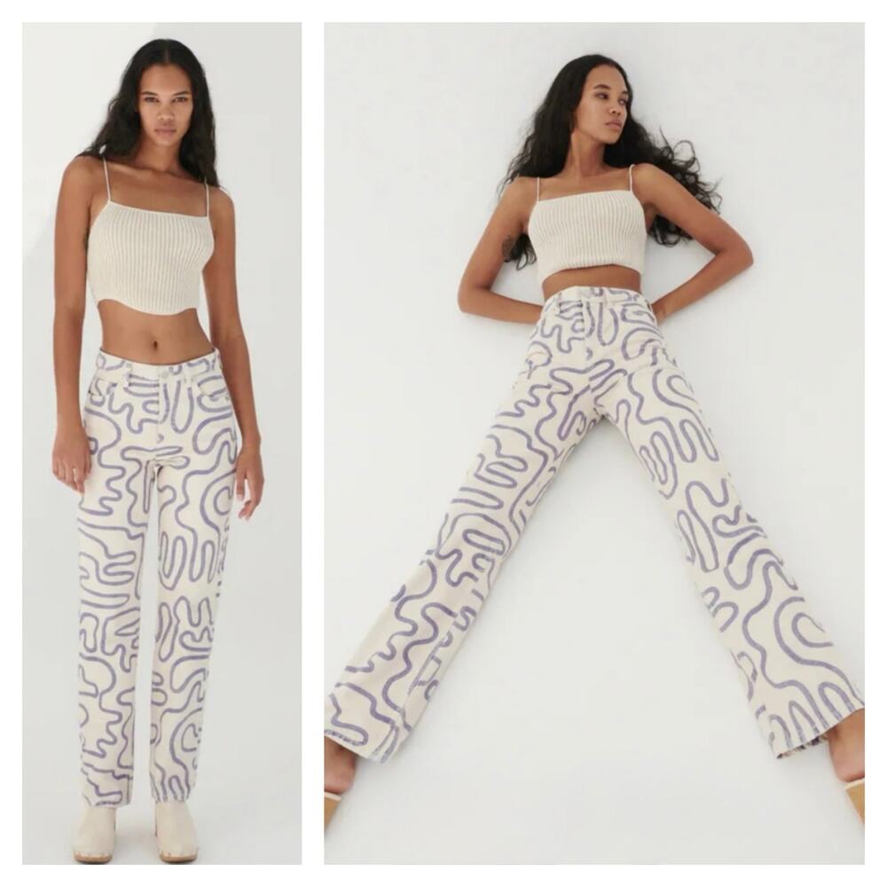 🧺 5 for $25 Sale ZARA Squiggle Graffiti Straight Leg Jeans Size 4 White Blue
